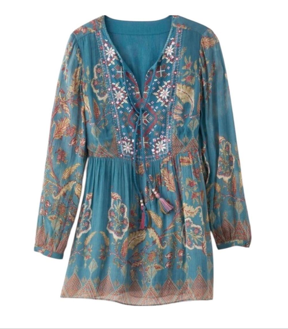 Soft Surroundings Women's Embroidered Beaded Mirapani Tunic Multicolor boho PL N